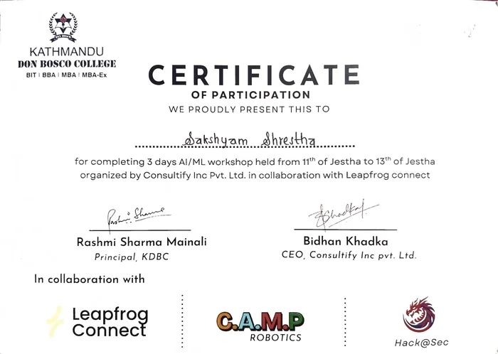 AI/ML Workshop — 3 days certificate from Consultify Inc. with Leapfrog Connect