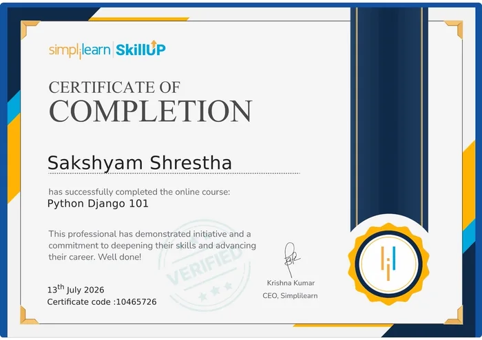 Python Django 101 certificate from Simplilearn SkillUp