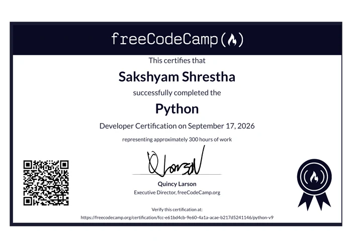 Python certificate from freeCodeCamp
