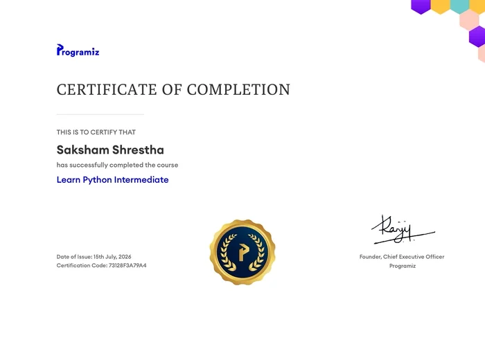 Learn Python Intermediate certificate from Programiz